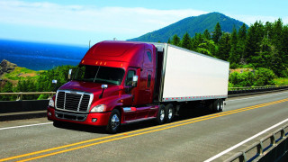 Red semi truck highway forest - dennis flanders free wallpaper