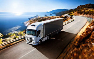 Truck ocean mountains sunshine horizon - a road next free wallpaper