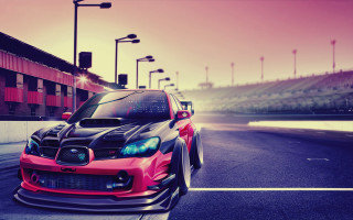 Car parked road building streetlights - a pink sky free wallpaper