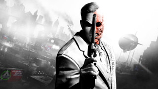 Man holding gun cityscape red - a red mask free wallpaper