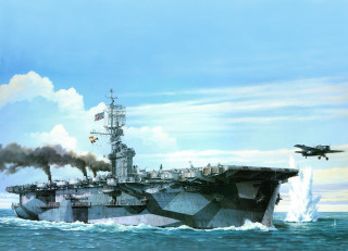Battleship plane flying over ocean - matte drawing free wallpaper