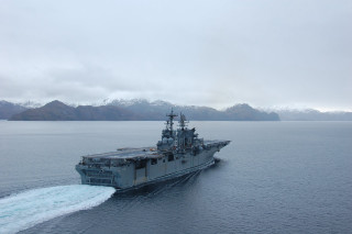 Large ship sailing water mountains 2 - a cloudy day free wallpaper