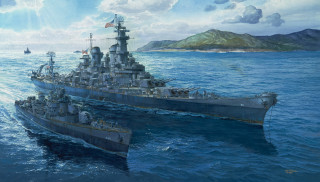 Ships ocean mountain sky clouds - a painting free wallpaper