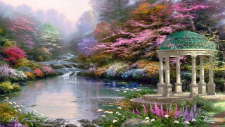 Gazebo garden flowers trees stream - flower and trees free wallpaper