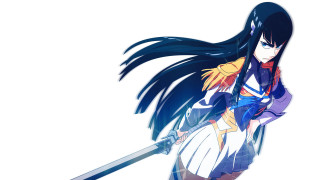 Longblackhair sword purpleoutfit bluecape kiryuuinsatsuki - a blue cape free wallpaper