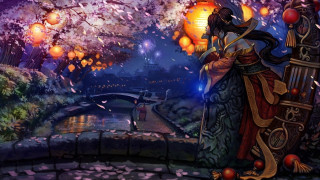 Woman holding lantern park night 2 - a bridge and trees free wallpaper
