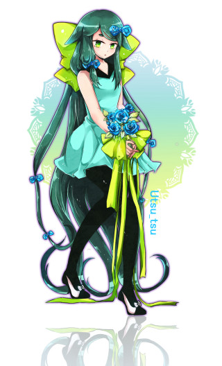 Woman blue dress bouquet flowers - a green ribbon free wallpaper