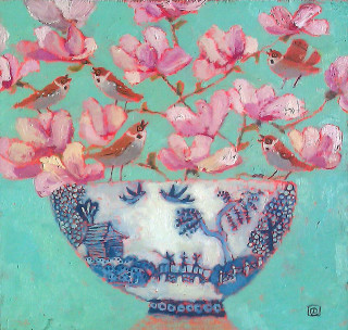 Vase pink flowers birds blue - still free wallpaper