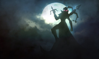 Silhouette man swords full moon - a dark sky free wallpaper