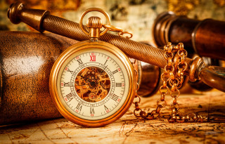 Gold pocket watch wooden table - steampunk free wallpaper
