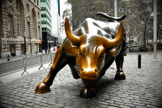 Bull statue brick street cityscape - building free wallpaper