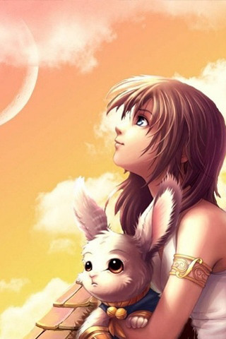 Girl holding rabbit sky half - a half moon in the background free wallpaper