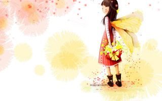 Girl flower bouquet butterfly wings - her hand and a butterfly free wallpaper