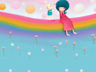 Girl bunny rainbow hill flowers - hill free wallpaper
