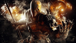 Man yellow mask sword gun 3 - a fireball in the background free wallpaper