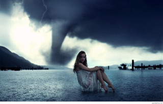 Woman chair flooded area tornado - area free wallpaper