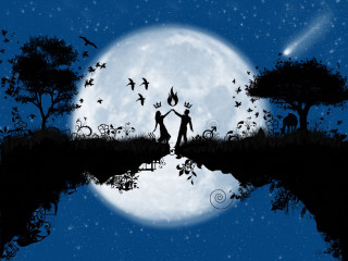 Couple holding hands full moon - a reflection of them free wallpaper