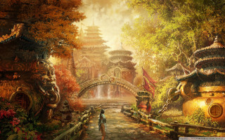 Person walking path forest bridge - league of legends concept art free wallpaper