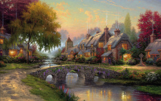 Village bridge river house painting 2 - kinkade free wallpaper