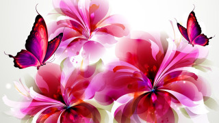 Pink flowers butterflies white background - butterfly free wallpaper