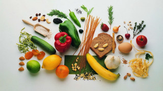 Variety food arranged white surface - a carrot free wallpaper