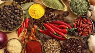 Spices herbs bowls wooden surface - a wooden surface free wallpaper