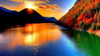 Lake mountains sunset colorful sky - impressionist free wallpaper