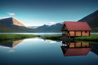 Lake house mountains sky bridge - a house free wallpaper for desktop