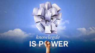 Hand holding books sky background - a hand free wallpaper