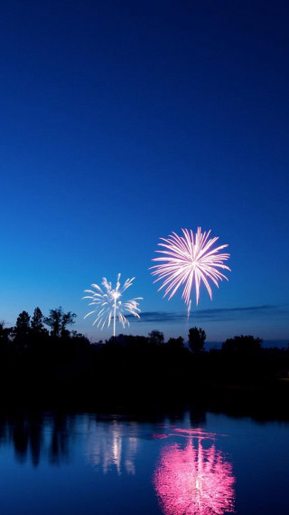 Fireworks display lake trees night - free new year wallpaper