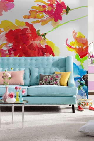 Living room blue couch colorful 2 - modern european ink painting free wallpaper