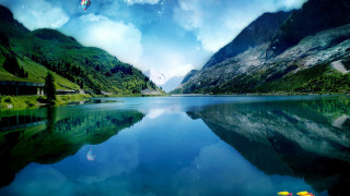 Lake mountains forest cloudy sky 3 - a kite free wallpaper