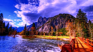 River wooden bridge mountains clouds - a river free wallpaper for desktop