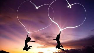 Flying people hearts sky sunset - two person free wallpaper