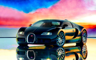 Black bugatti reflection puddle sunset 2 - matte drawing free wallpaper