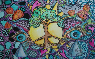 Tree eyes sun bird flying - organic free wallpaper