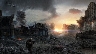 Man destroyed city gun flying - city free wallpaper