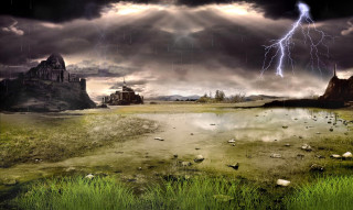 Storm lake castle lightning painting - gothic free wallpaper