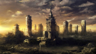Afrofuturism cityscape sunset bridge castle - cloudy free wallpaper