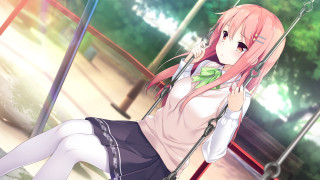 Pink hair girl swing park - tree and grass free wallpaper