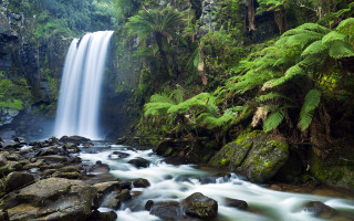 Waterfall forest rocks trees stream 8 - a waterfall in the middle of a forest free wallpaper