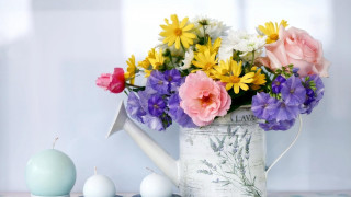 Watering can flowers eggs candles - still free wallpaper