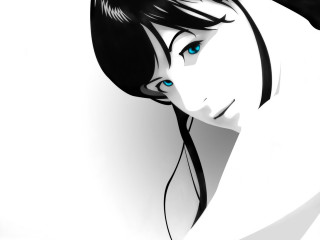 Woman blue eyes serious look - her face and shoulder free wallpaper