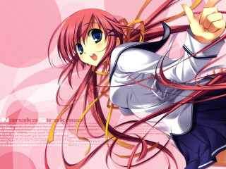 Girl red hair pointing pink - anime visual free wallpaper
