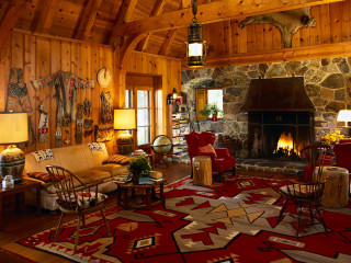 Living room fireplace stone red - warm free wallpaper