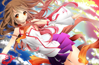 Girl flying rainbow clouds sky - an anime drawing free wallpaper