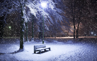 Bench snowy park night streetlight 9 - a street light in the background free wallpaper