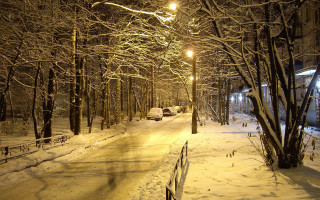 Snowy street car night streetlights - the side of it free wallpaper