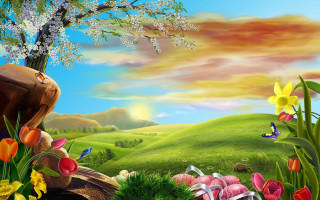 Flowers tree butterfly painting beautiful - over the tree free wallpaper