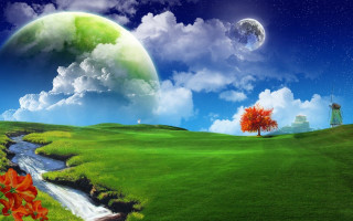 Green landscape stream tree windmill 3 - a green landscape free wallpaper